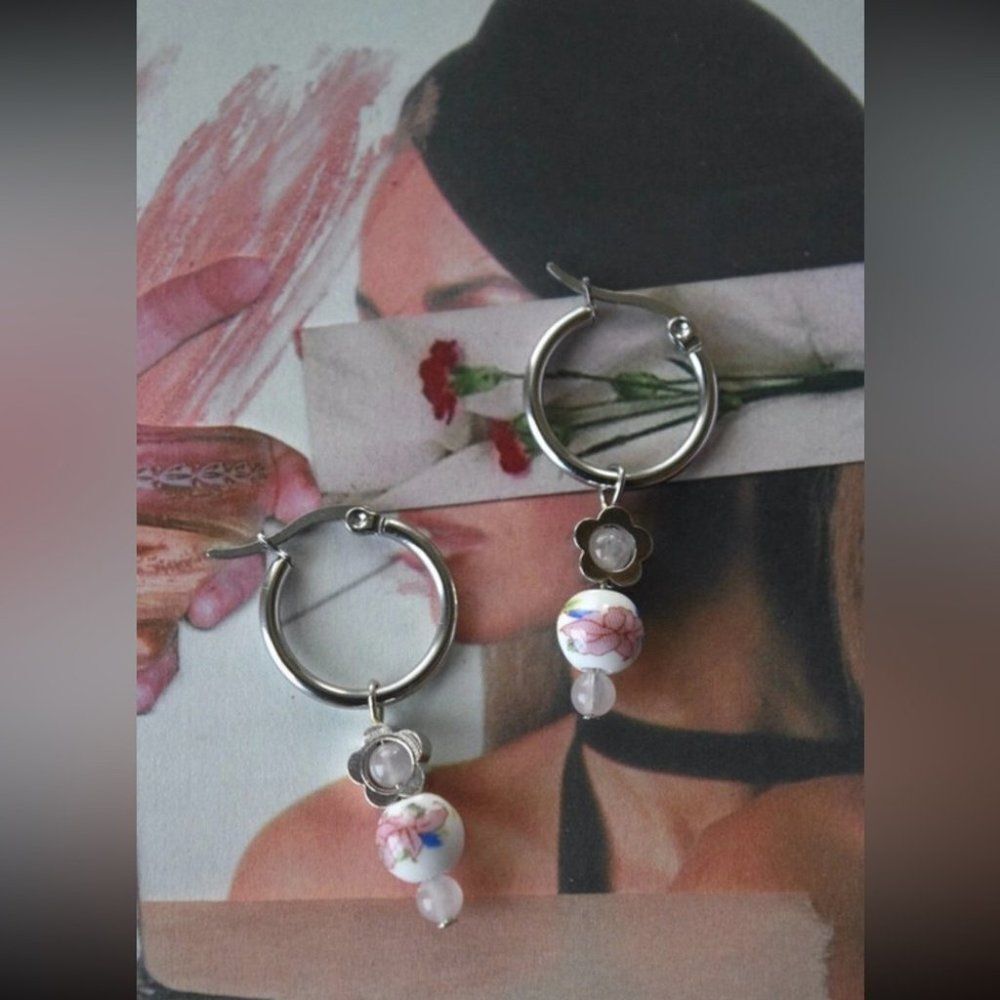 Japanese Inspired Lotus Hoop Earrings |Rose Quartz Flower|Porcelain Studs